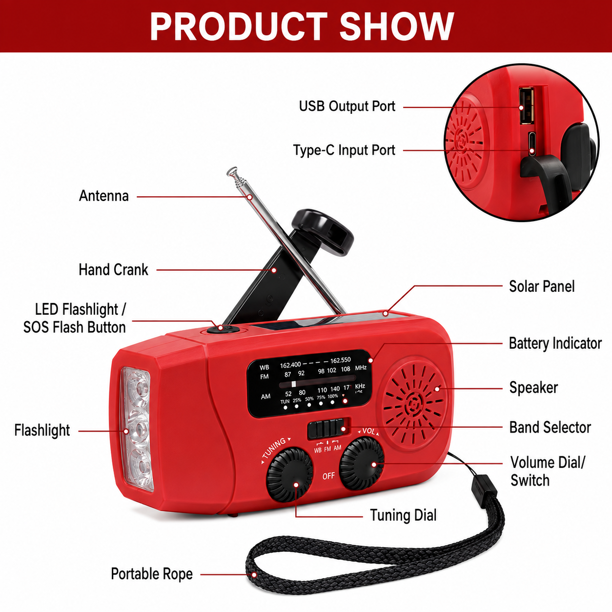 Solar Hand-Crank Emergency Radio with Flashlight - Image 6