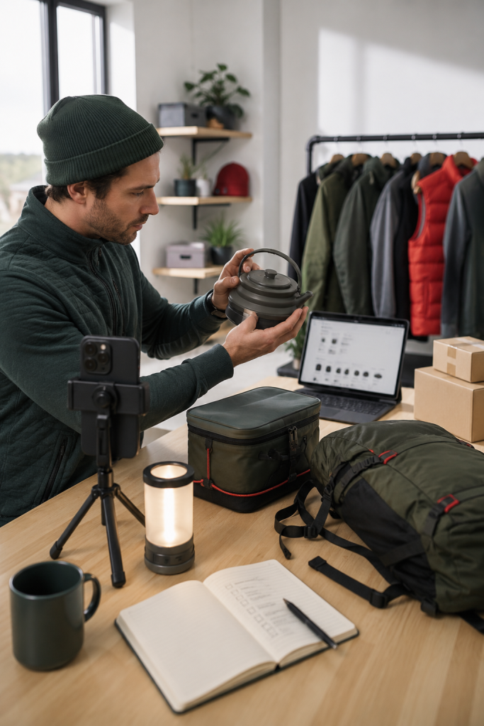 Canadian marketplace seller preparing outdoor products for online listings
