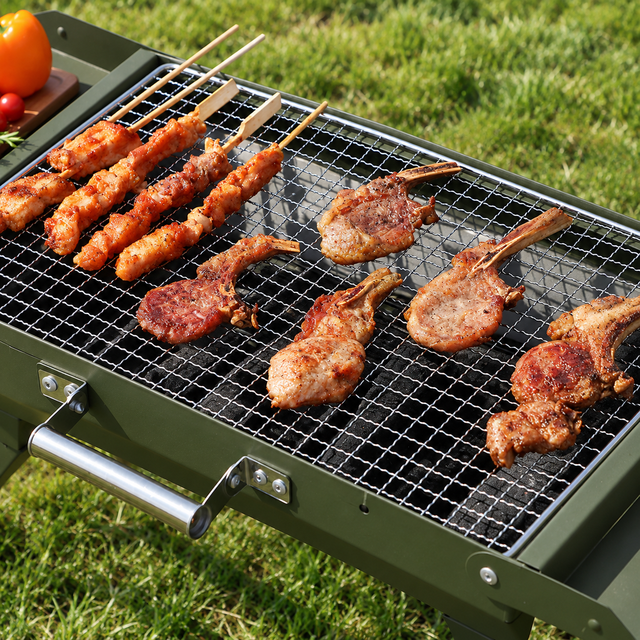 Portable Folding Charcoal Grill with Side Shelves - Image 2