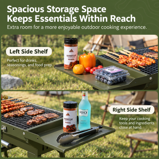 Portable Folding Charcoal Grill with Side Shelves - Image 3