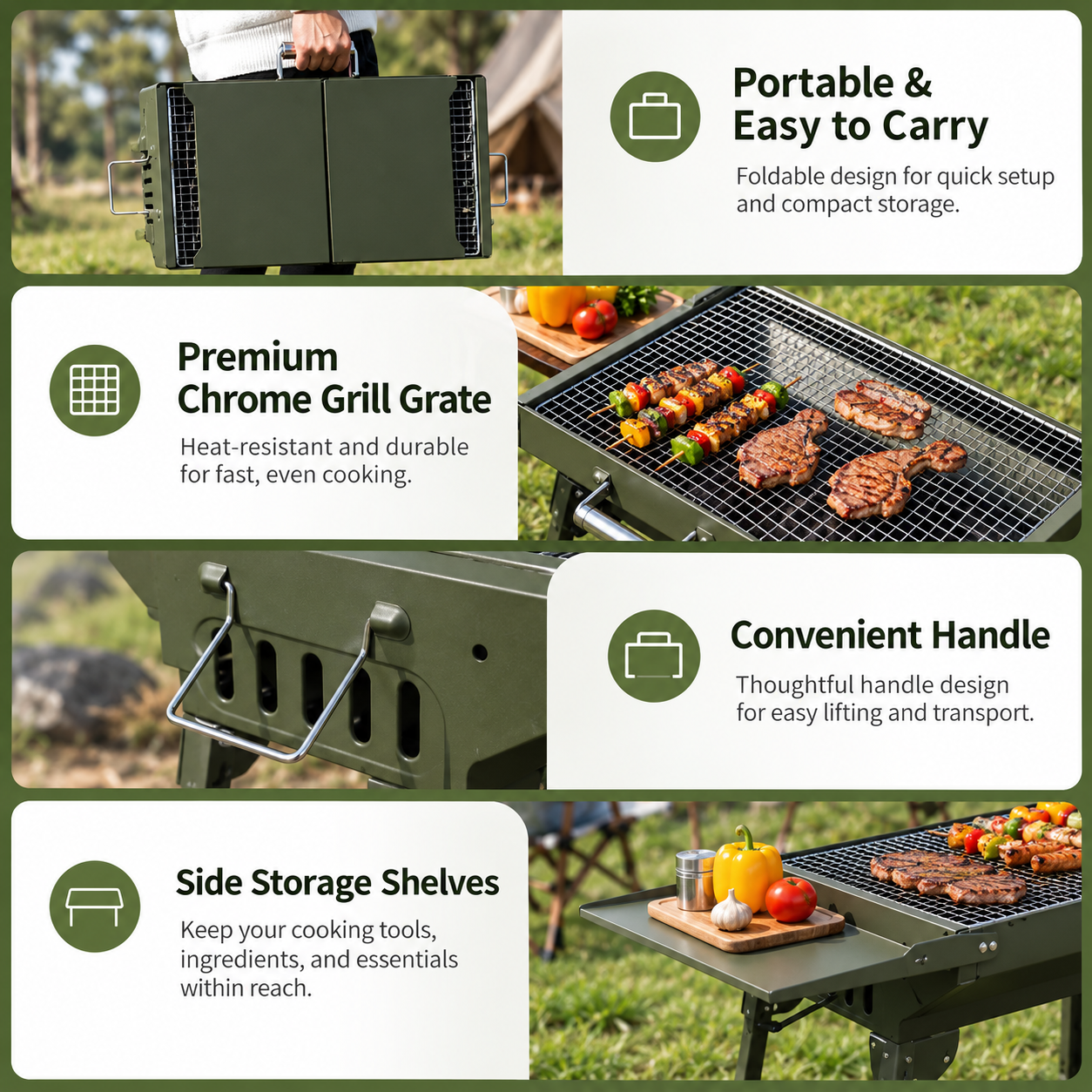 Portable Folding Charcoal Grill with Side Shelves - Image 4