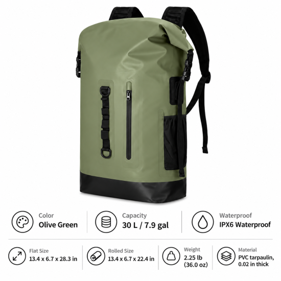 30L IPX6 Roll-Top Waterproof Backpack - Image 7
