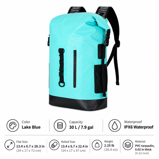 30L IPX6 Roll-Top Waterproof Backpack - Image 5