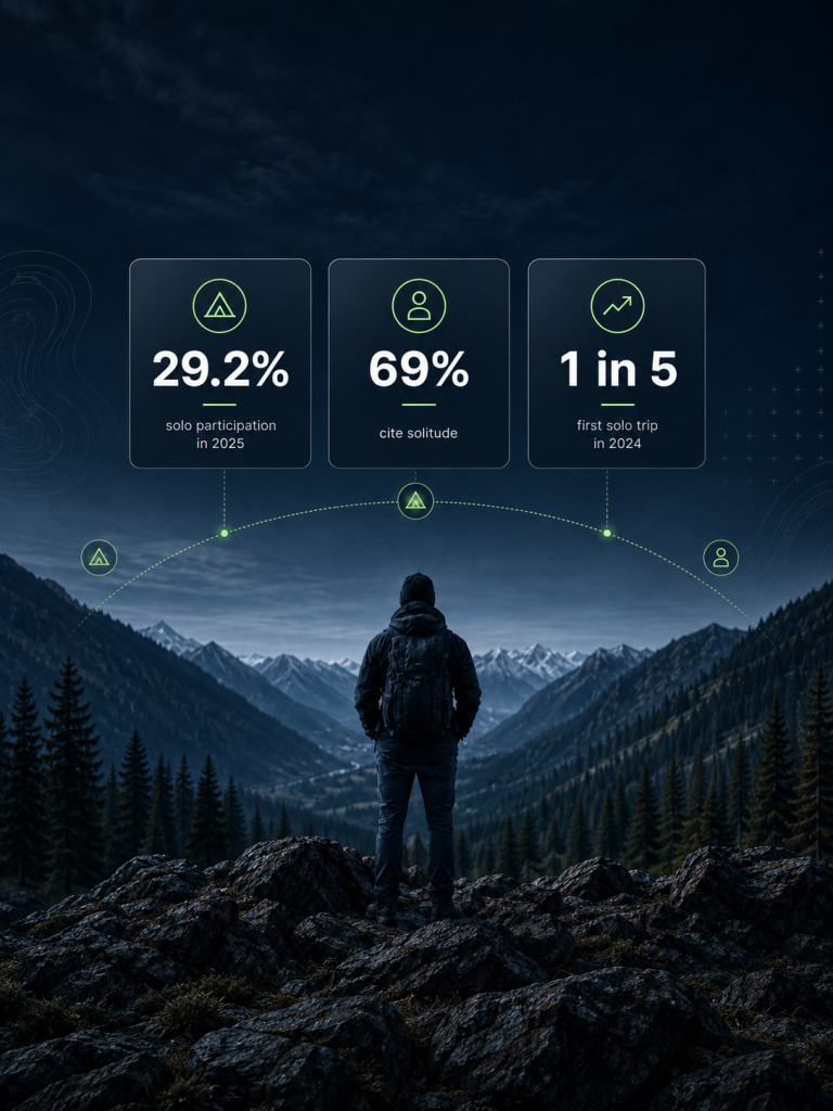 Infographic: 29.2% of U.S. campers camped solo in 2025, 69% cite solitude, and 1 in 5 took a first solo trip in 2024.