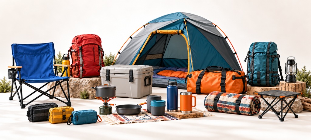 Assortment of wholesale camping gear: dome tent, folding chair, backpacks, cooler, lantern and cookware in a studio lineup.