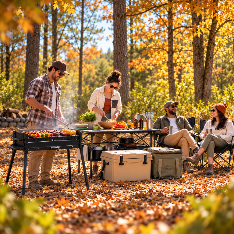 Outdoor BBQ gathering scene with portable grill, cooler and folding camp table