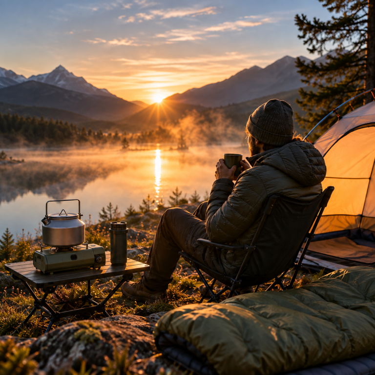 Solo sunrise camping scene with kettle and coffee gear for a quiet morning outdoors