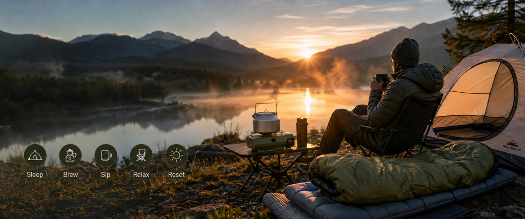 Turn a quiet sunrise into a calm outdoor ritual with simple comforts made for slow mornings outside.